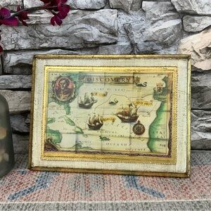 #06 Vtg Italian Florentine Columbus Map Florentia Gilt Wood Icon Picture Plaque